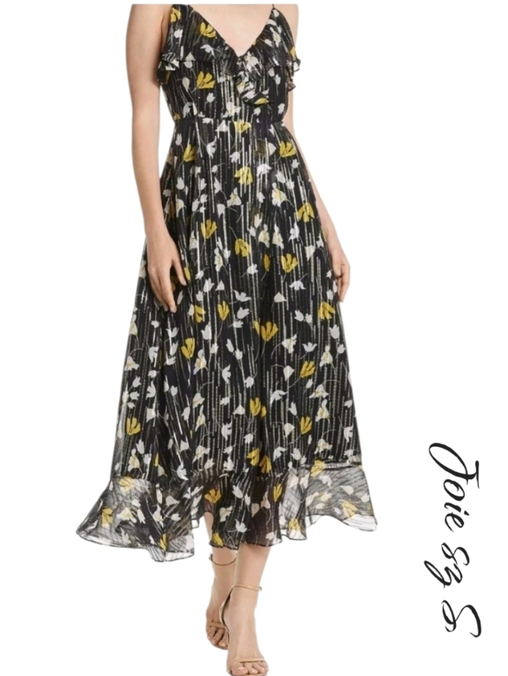 Joie Kenny Silk Blend Floral Metallic Stripe Ruffle Wrap Maxi Dress Sz S